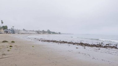 Kaliforniya, Miramar Sahili kıyılarında yürürken bulutlu kış gökyüzü sakin ve yansıtıcı bir atmosfer yaratır..