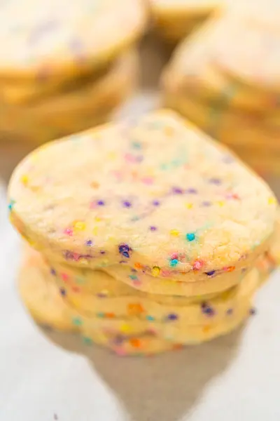 Large Quantity Sprinkle Filled Sugar Cookies Neatly Stacked Baking Tray — Stock Photo, Image