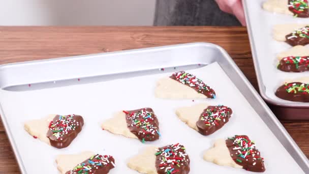 Emballage Soigné Des Biscuits Noël Découpés Moitié Trempés Dans Chocolat — Video
