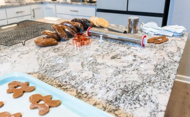 Çağdaş beyaz bir mutfakta zencefilli kurabiye hamuru ustalıkla sarılır ve nefis bir tatil ziyafeti için zemin hazırlar..