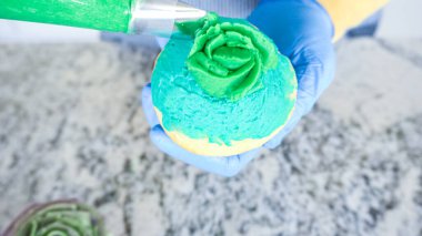 Tereyağlı krema kremalı, vanilyalı ve çikolatalı kekler çeşitli kaktüslere benzemesi için karmaşık bir şekilde dekore edilir.