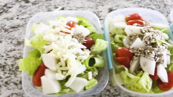 Behälter Gefüllt Mit Salat Und Dressing Zubereitet Für Eine Bequeme — Stockvideo