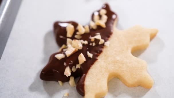 Creating Cutout Sugar Cookies Partially Dipped Chocolate Topped Hazelnut Pieces — Stock Video
