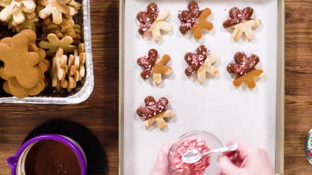 Berbaringlah Menyiapkan Kue Berbentuk Bintang Setengah Dicelupkan Dalam Cokelat Beraksen — Stok Video