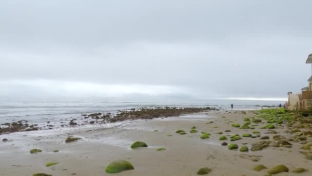 カリフォルニア州ミラマービーチの海岸を歩くと 冬の空が静かで反射的な雰囲気を作り出します — ストック動画