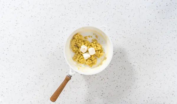 Flat Lay Frying Eggs Nonstick Frying Pan Make Breakfast Empanadas — Stock Photo, Image