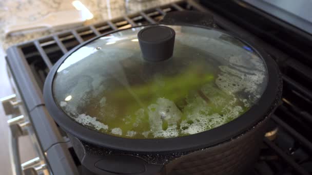 Nowoczesnej Białej Kuchni Duże Organiczne Szparagi Gotowane Parze Dużym Garnku — Wideo stockowe