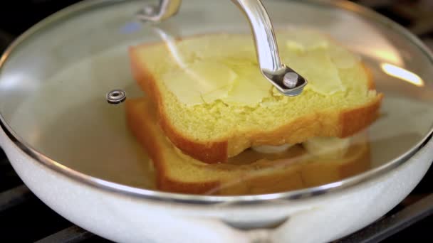 Sleek Setting Modern White Kitchen Banana Slices Brioche Bread Sizzle — Stock Video