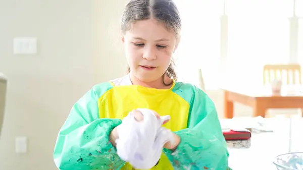 Modern Kitchen Homeschooled Girl Engrossed Creating Homemade Slime Fun Educational — Stock Photo, Image