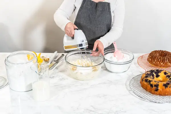 Skillfully Combine Ingredients Using Hand Mixer Prepare Rich Smooth Cream — Stock Photo, Image