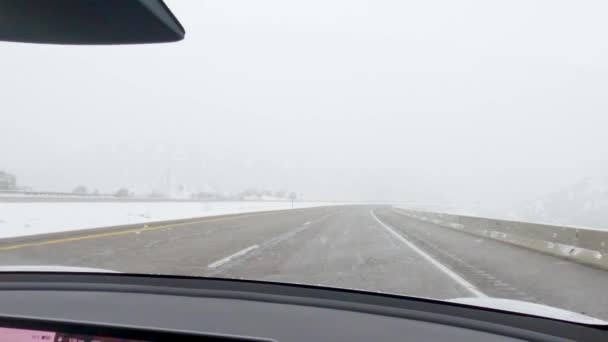 Pov Electric Vehicle Captured Deftly Navigating Highway Winter Storm Western — Stock Video
