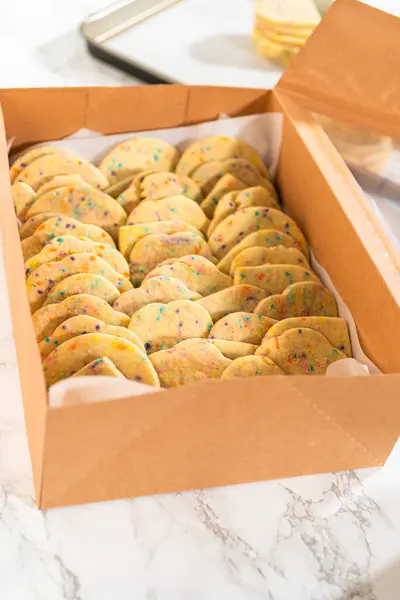 Sugar Cookies Filled Sprinkles Mixed Dough Carefully Arranged Meticulous Precision — Stock Photo, Image