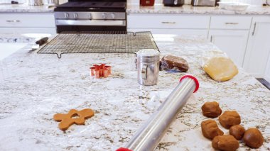 Çeşitli şenlikli kurabiye kesicilerle mermer tezgahtaki rulo hamurdan sevimli zencefilli kurabiyeler kesip modern mutfağa bayram neşesi getiriyorduk..