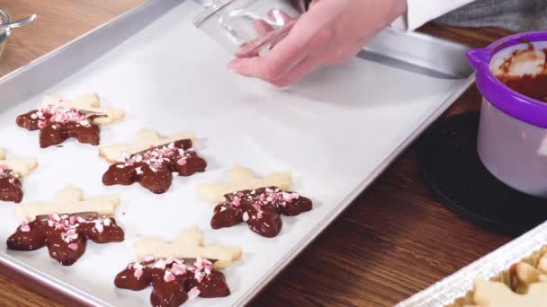 Προετοιμασία Μπισκότα Σχήμα Αστεριού Μισοβουτηγμένα Σοκολάτα Τονισμένα Κομματάκια Σοκολάτας Μέντας — Αρχείο Βίντεο