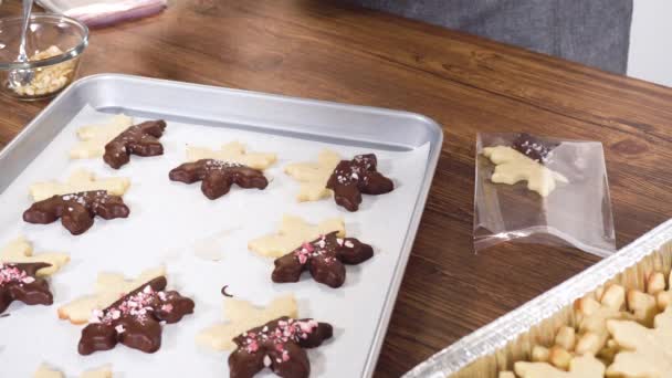 Προσεκτικά Συσκευασία Χριστουγεννιάτικα Μπισκότα Μισογεμάτα Σοκολάτα Και Παρουσιασμένα Διάφανο Περιτύλιγμα — Αρχείο Βίντεο