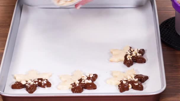 Приготування Печива Формі Зірок Наполовину Зануреного Шоколад Акцентованого Ятними Шоколадними — стокове відео