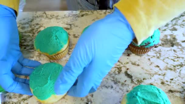 Usando Glaseado Crema Mantequilla Cupcakes Vainilla Chocolate Están Intrincadamente Decorados — Vídeos de Stock