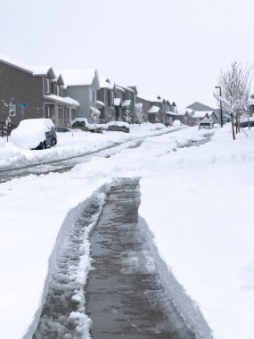 Castle Rock, Colorado, ABD-16 Mart 2024-Karlı Battaniyeler bir banliyö sokağı, evlerin durgun durduğu ve garaj yollarının sabah işçiliğinin kış aylarında aralıksız sürüklenmelere karşı olduğu.