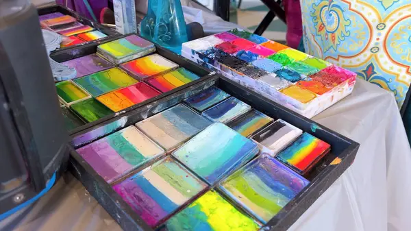 Photo Displays Two Open Palettes Colorful Face Paint Each Square — Stock Photo, Image