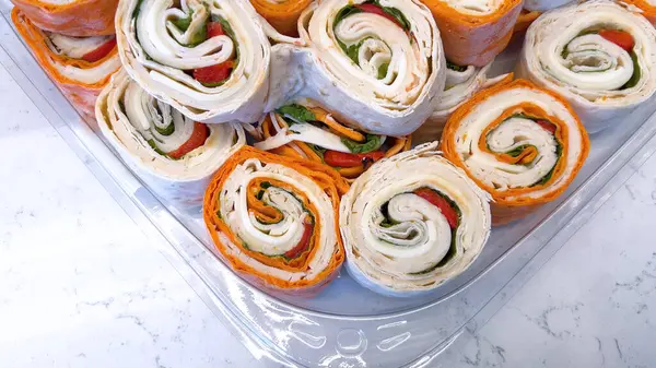 Mouthwatering Display Pinwheel Sandwiches Filled Fresh Greens Deli Meats Perfect — Stock Photo, Image