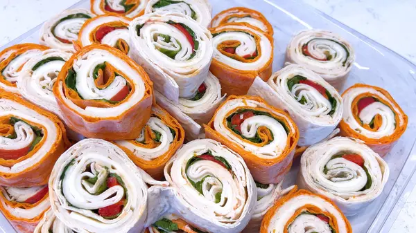 Mouthwatering Display Pinwheel Sandwiches Filled Fresh Greens Deli Meats Perfect — Stock Photo, Image