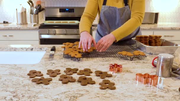 Kue Gingerbread Yang Baru Dipanggang Menemukan Tempat Mereka Rak Kawat — Stok Video