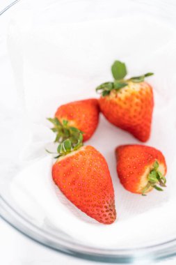 Parlak kırmızı çilekler, küf izleriyle karışmış, beyaz peçetedeki kağıt havluyla kaplı cam bir kasede dinleniyor, depolama tekniklerini gösteriyor..