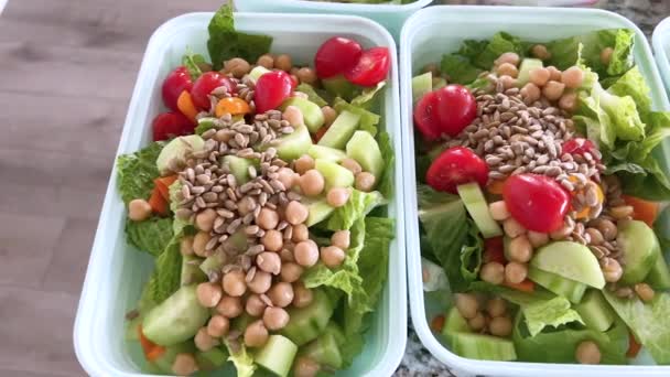 Canlı Besleyici Salatalarla Dolu Kaplar Mutfak Tezgahına Dizilmiş Renkli Sağlıklı — Stok video