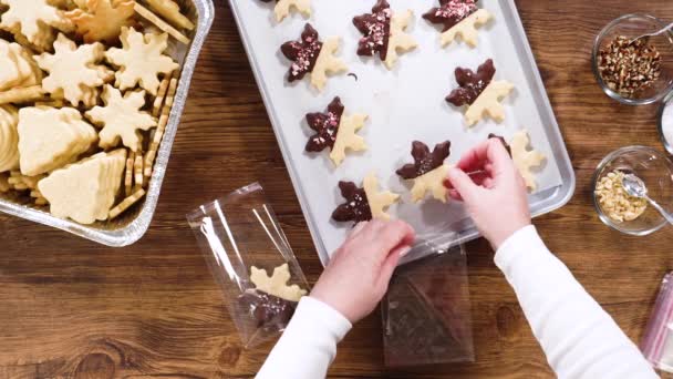 Ett Platt Ligg Noggrant Förpackning Christmas Cutout Cookies Halvdoppad Choklad — Stockvideo