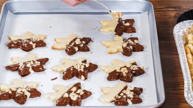 Çikolataya batırılmış ve çeşitli malzemeler serpiştirilmiş yıldız şeklinde tatil kurabiyeleri..