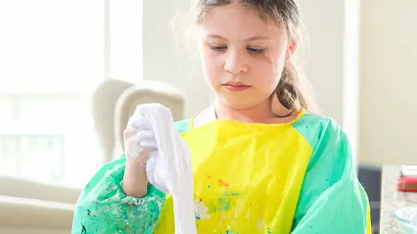 Modern Kitchen Homeschooled Girl Engrossed Creating Homemade Slime Fun Educational Royalty Free Stock Photos