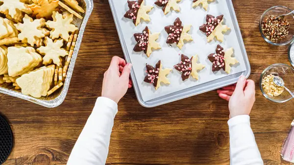フラットレイ 慎重に包装クリスマスカットクッキー チョコレートに半分浸し 粉砕ナッツで振りかけ 明確なセロファンの包装で提示 — ストック写真