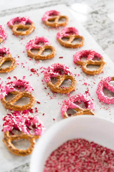 Freshly Dipped Still Glistening Crunchy Pretzels Lovingly Adorned Pink Chocolate Stock Picture