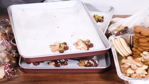 Dikkatlice Paketlenmiş Noel Kurabiyeleri Çikolataya Batırılmış Şeffaf Selofan Ambalajla Sunulmuş — Stok video