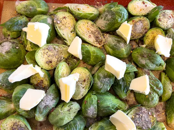 Tray Whole Brussels Sprouts Generously Topped Butter Pats Seasoned Set Stock Photo