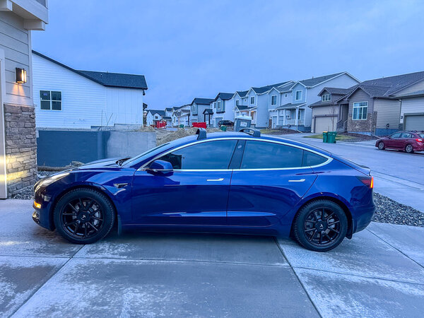 Касл-Рок, Колорадо, США - 14 марта 2024 года - Блестящая синяя Tesla Model 3 сидит в ухоженном гараже односемейного дома, ее унылый дизайн подчеркнут джентльменской заботой домашней автомойки.