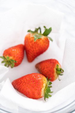 Taze yıkanmış ve kurutulmuş çilekler kağıt havluyla kaplı cam bir kasede dikkatlice düzenlenir. Atıştırmaya ya da daha fazla kullanılmaya hazır hale getirilir..