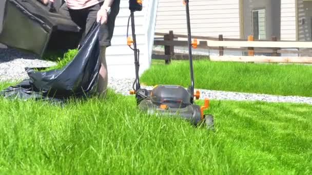 주택에서 무성한 잔디는 공간을 기계를 사용하여 세심하게 깎아집니다 — 비디오