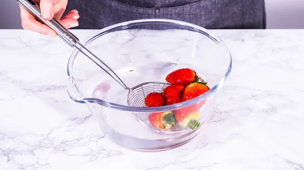Ripe Strawberries Submerged Water Large Glass Mixing Bowl Step Washing Royalty Free Stock Images