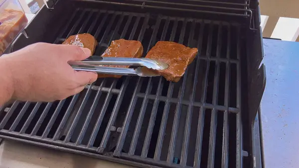 Several Thick Steaks Grill Marks Cooking Perfection Outdoor Grill Capturing Stock Picture
