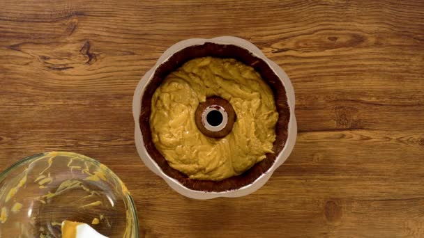 Flat Lay Pouring Gingerbread Cake Batter Greased Bundt Cake Pan — Stock Video