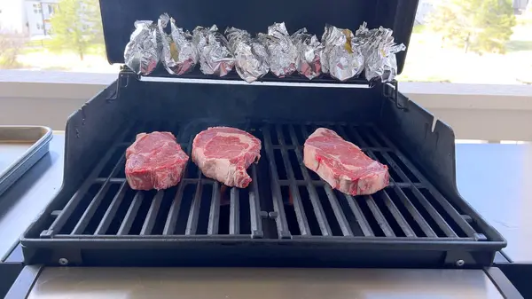Image Showcases Art Grilling Featuring Three Thick Steaks Cooking Barbecue Stock Image