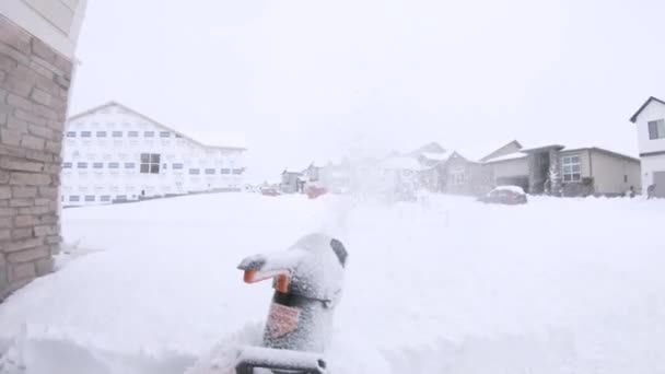 コロラド州デンバー 米国2月4日 雪に覆われたドライブウェイからの2024 ビューは 雪崩の白いフレークと雪に覆われた車によって部分的に取り憑かれた家と住宅をキャプチャします — ストック動画