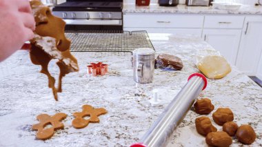 Çeşitli şenlikli kurabiye kesicilerle mermer tezgahtaki rulo hamurdan sevimli zencefilli kurabiyeler kesip modern mutfağa bayram neşesi getiriyorduk..