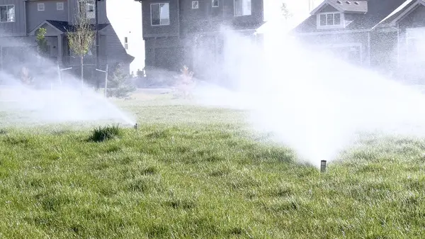 stock image A suburban neighborhood scene featuring automatic sprinklers watering a lush green lawn in front of modern homes. The sprinklers create a misty effect, emphasizing the freshness and care of the