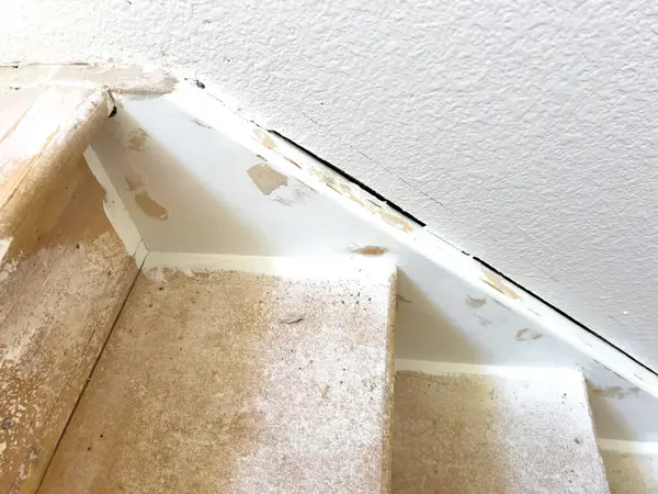 stock image A detailed close-up image of a staircase undergoing renovation, showcasing unfinished steps and wall repairs. The steps are covered in construction dust, and patches of the wall are visibly marked for