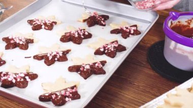 Yıldız şeklinde kurabiyeler hazırlıyorum, çikolataya yarı daldırılmış, bayram için naneli çikolata parçacıkları ile aksanlı..