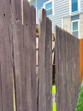 Arka bahçedeki ahşap çitler paneller arasında küçük bir boşluk gösteriyor. Zamanla yıpranmış kahverengi çit, boşluktan görülebilen güneşli çimenler tarafından vurgulanıyor. Bu görüntü kırsal cazibeyi yakalar.