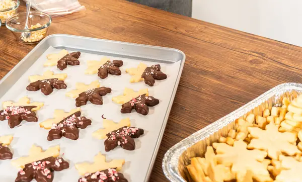 stock image Preparing star-shaped cookies, half-dipped in chocolate, accented with peppermint chocolate chips for the holidays.