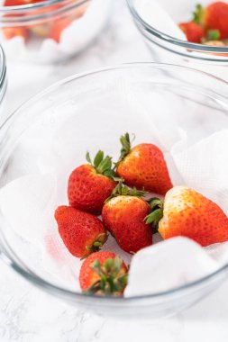 Taze yıkanmış ve kurutulmuş çilekler kağıt havluyla kaplı cam bir kasede dikkatlice düzenlenir. Atıştırmaya ya da daha fazla kullanılmaya hazır hale getirilir..